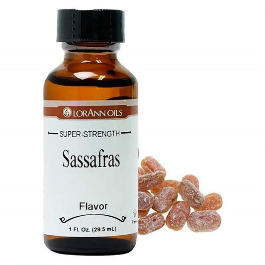 Distinctive bottle of LorAnn Oils Super-Strength Sassafras Flavor, with sassafras candies alongside, hinting at the unique, root-beer-like taste for adventurous palates.