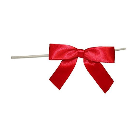 Red satin 2.5 inch pre-tied bow with a white twist tie threaded behind, shown on a white background; packaging bow for treat bags and candy boxes.