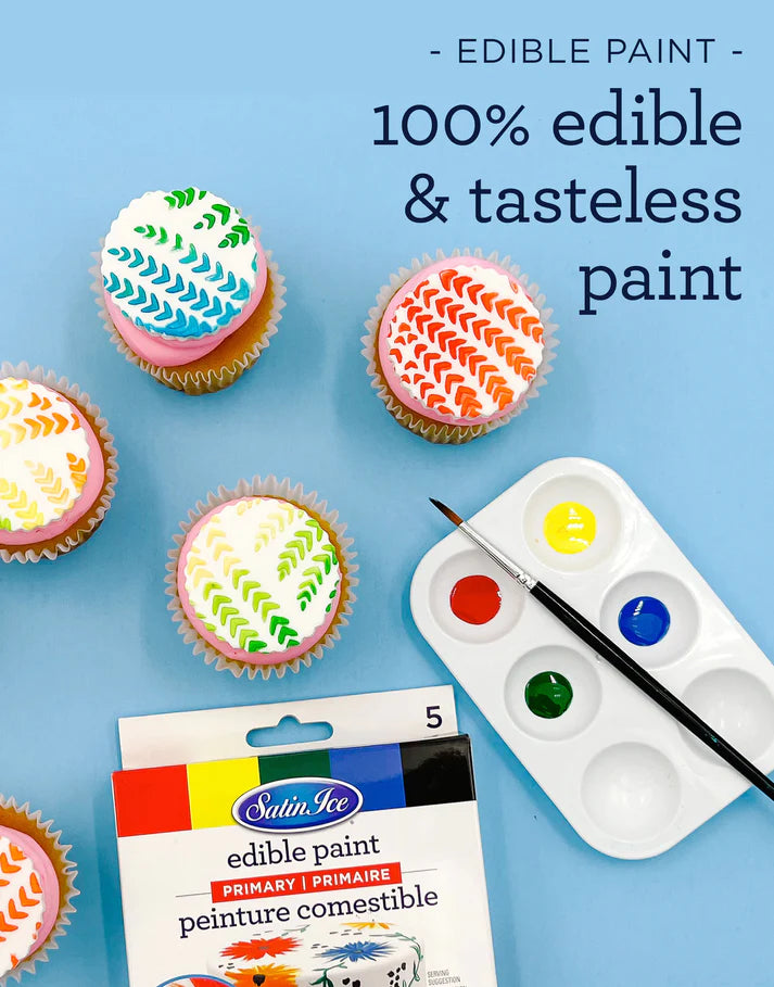 Edible Paint Primary Colors set by Satin Ice, featuring five tubes in red, blue, green, yellow, and black, each containing 0.5 fluid ounces, perfect for decorating cakes and other treats.