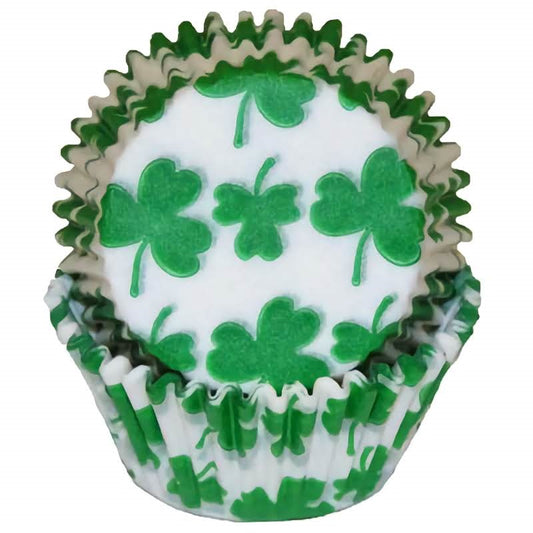 St. Patrick's Day themed standard size baking cups with shamrock design for festive cupcakes or muffins.
