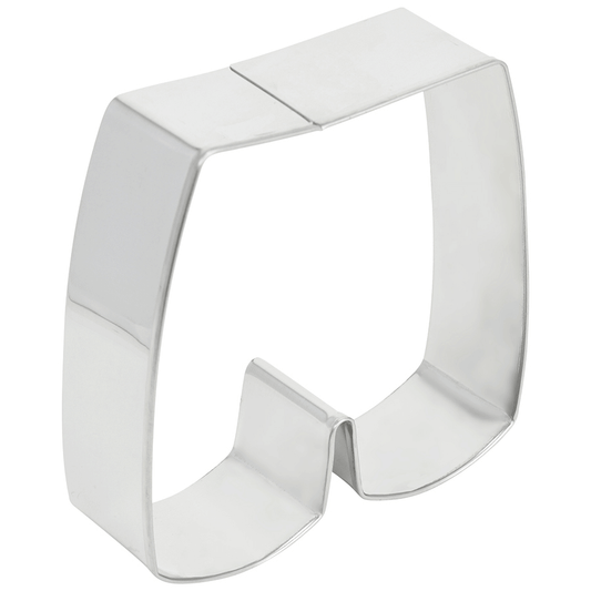 Side view of a shorts-shaped cookie cutter with a sturdy design.