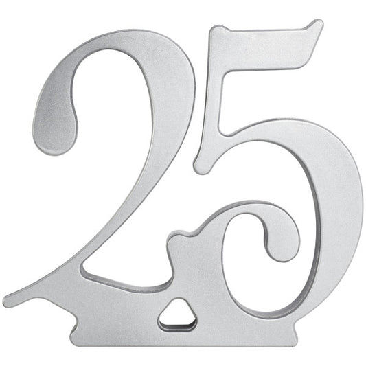 Silver "25" cake topper with elegant swirled numerals and a smooth metallic finish.