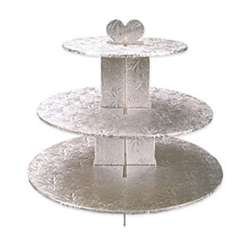 Three-tier silver cardboard cupcake stand with embossed floral pattern and heart-shaped top.