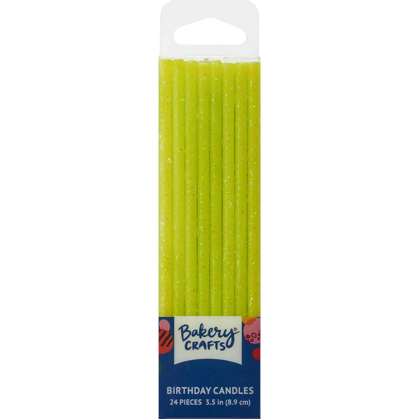Bakery Crafts Slim Lime Green Glittery Birthday Candles, featuring elegant lime green candles with a glittery finish, 3.5 inches tall, 24-pack.