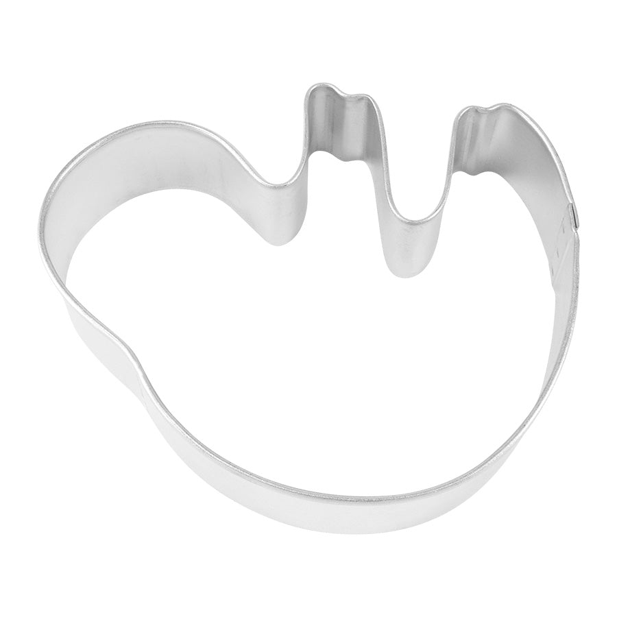 Top-down view of a sloth-shaped metal cookie cutter with rounded edges and two curved cutouts forming the sloth’s arms and head, set against a white background.