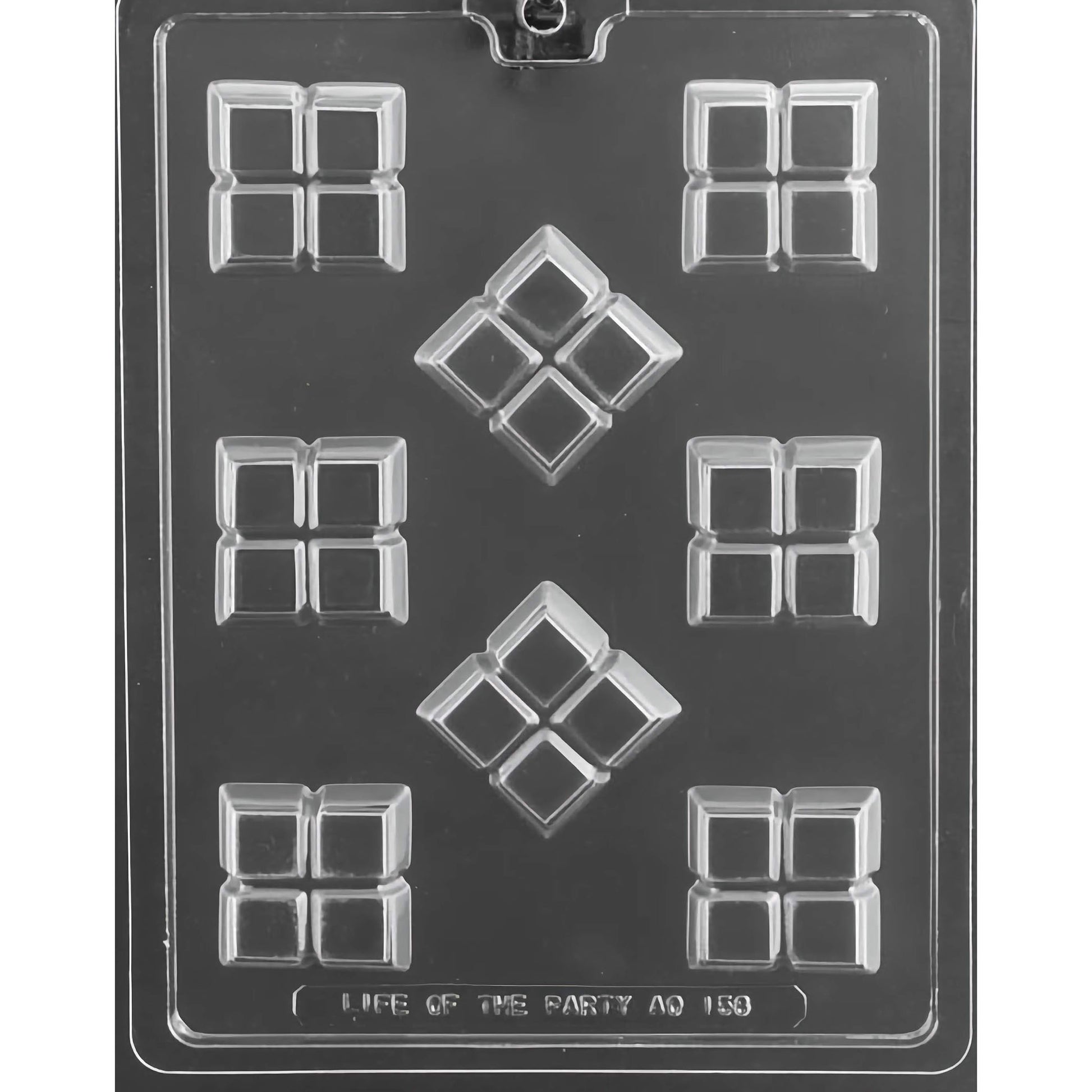 A clear plastic mold for making small break apart bars, with multiple cavities arranged in a diamond pattern.