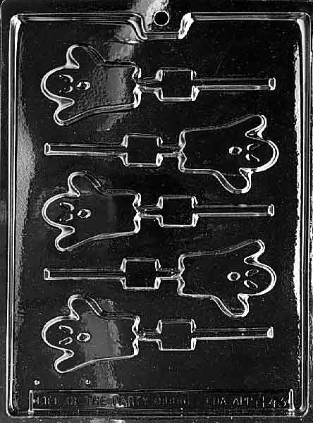 Clear lollipop mold with multiple small ghost shapes, each aligned to a stick channel; glossy plastic sheet shown against a dark background.