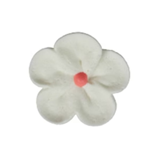 Close-up of a white royal icing daisy with five petals and a pink center, sized approximately 1.25 inches, used for decorating cakes or cupcakes.