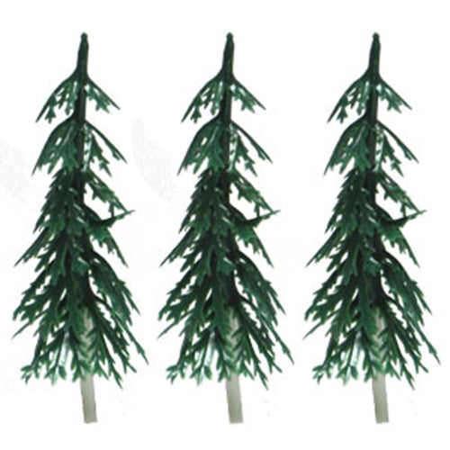 Set of three small evergreen tree decorations, each 3 inches tall, made of food-safe plastic for decorating cakes, cupcakes, and gingerbread houses.
