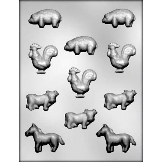 Small Farm Animal Assortment Chocolate Mold with detailed shapes of pigs, roosters, cows, and horses for candy making.