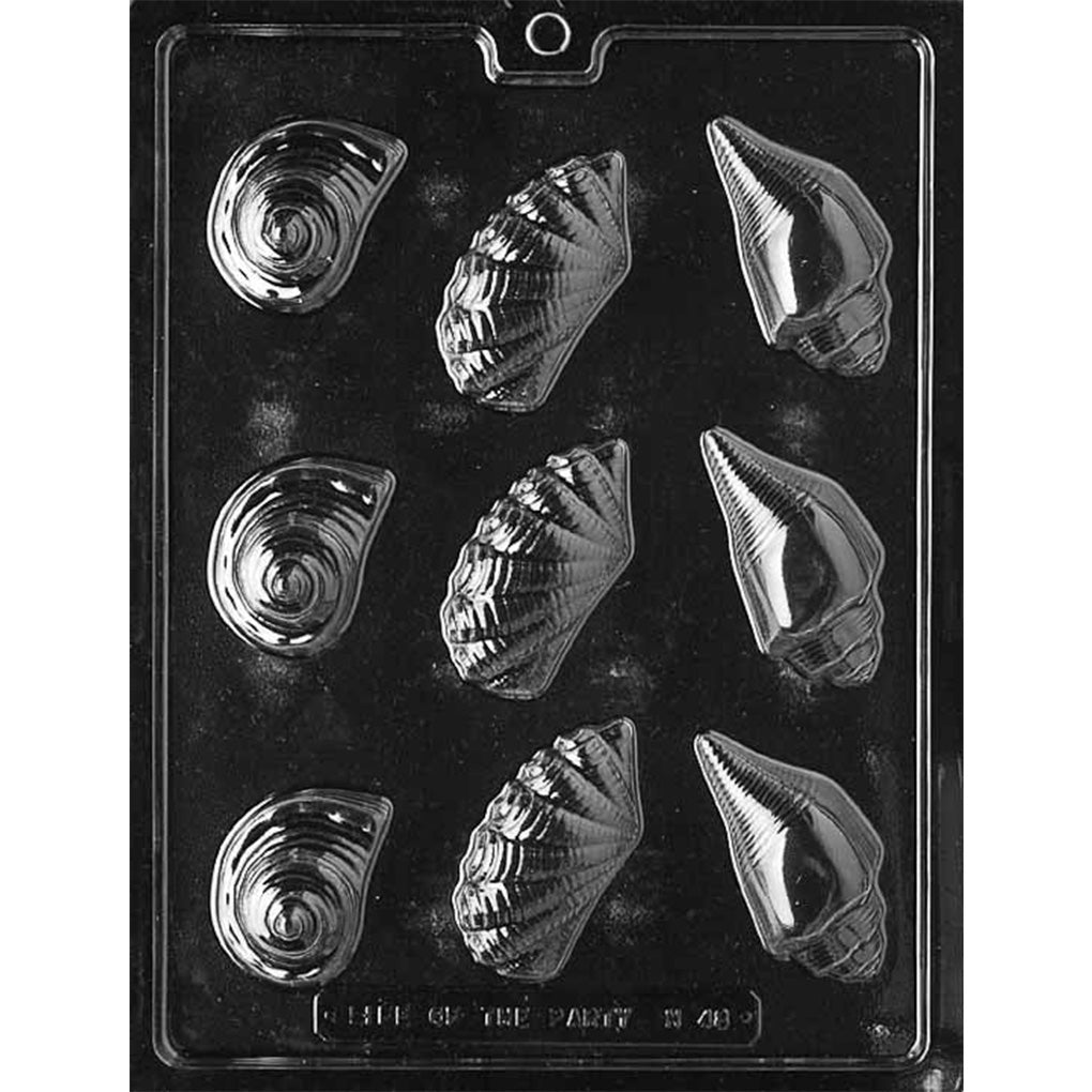 Plastic chocolate mold featuring three types of seashell designs—snail, clam, and conch—arranged in three rows. Each mold cavity is detailed with realistic ridges and curves, ideal for creating shell-shaped chocolates or candies.