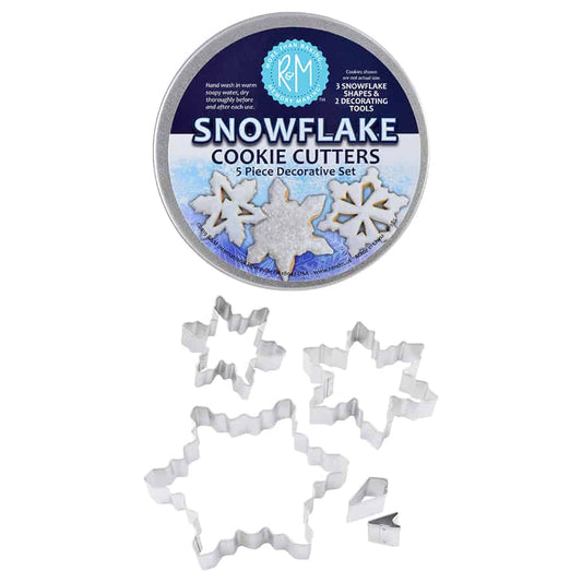 Lid of Snowflake Cookie Cutters tin showing decorated snowflake cookies and product info.