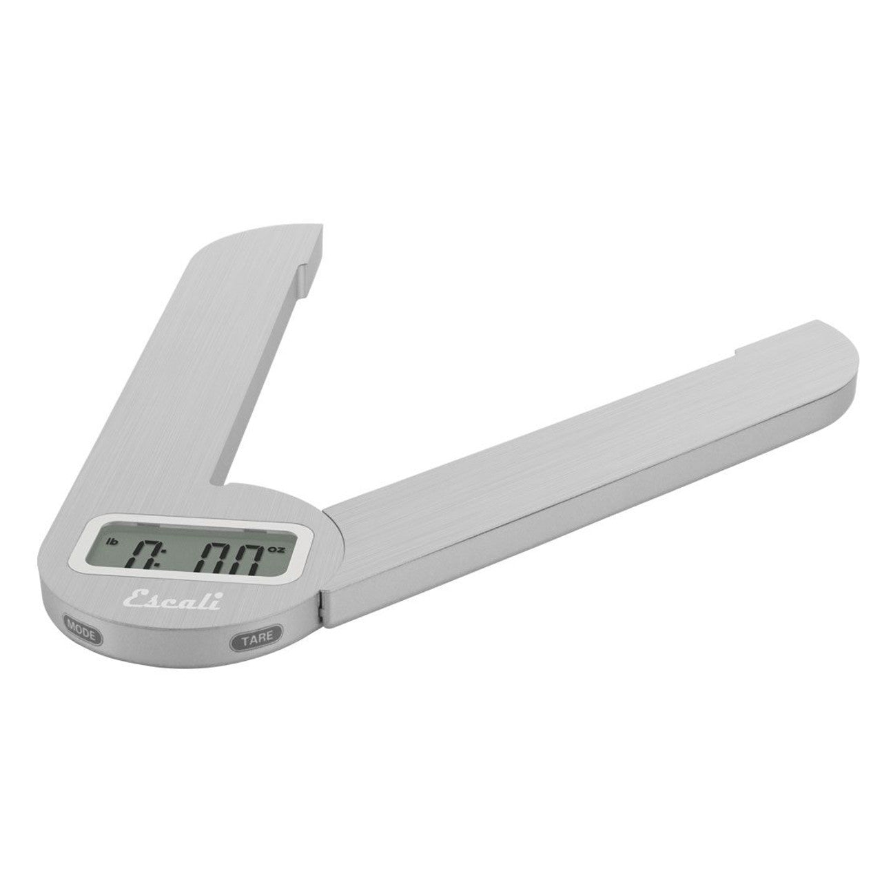 A sleek stainless steel digital kitchen scale with an expandable folding platform, a digital display, and touch-sensitive controls.