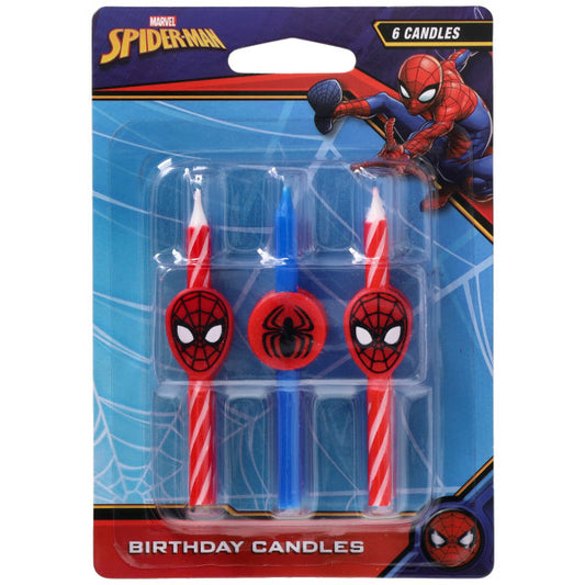Spider-Man birthday candle set with 6 spiral candles featuring Spidey’s face and logo on red and blue backgrounds in retail packaging.