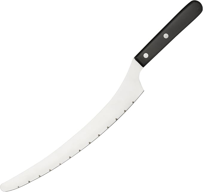 Ateco 10-inch stainless steel cake knife with a curved blade and ergonomic black handle for precise cake slicing.