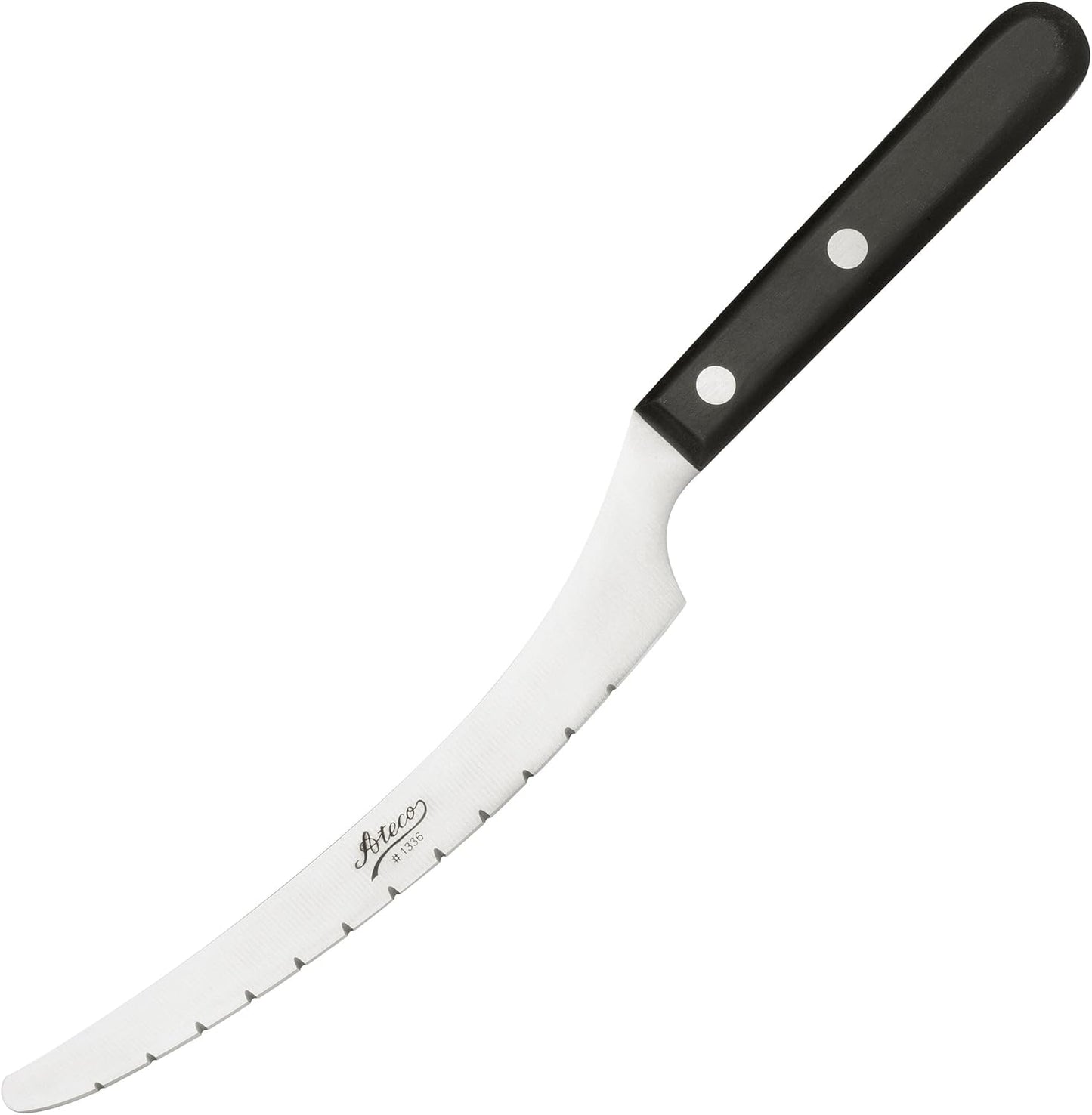 Ateco 5.75-inch stainless steel cake knife with a curved serrated blade and black ergonomic handle, designed for slicing delicate cakes.