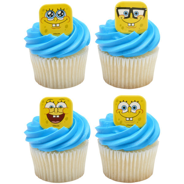 Vanilla cupcakes topped with blue frosting and SpongeBob SquarePants mood face rings for themed parties.