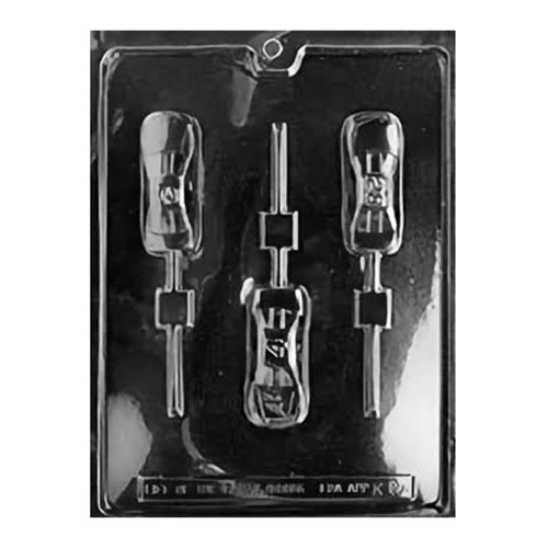 This image features a chocolate mold that will produce sports car-shaped chocolates with a lollipop stick, showcasing sleek lines and racing details that car enthusiasts or themed birthday parties might enjoy.