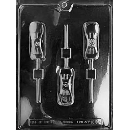This image features a chocolate mold that will produce sports car-shaped chocolates with a lollipop stick, showcasing sleek lines and racing details that car enthusiasts or themed birthday parties might enjoy.