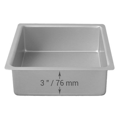 3-inch deep square cake pan with seamless anodized aluminum construction for smooth, even sponge cakes and professional baking results.