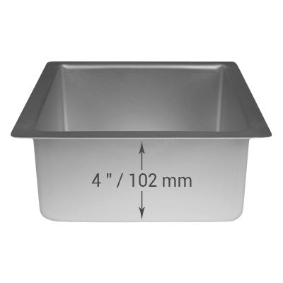4-inch deep square cake pan with seamless anodized aluminum construction for smooth, even sponge cakes and professional baking results.