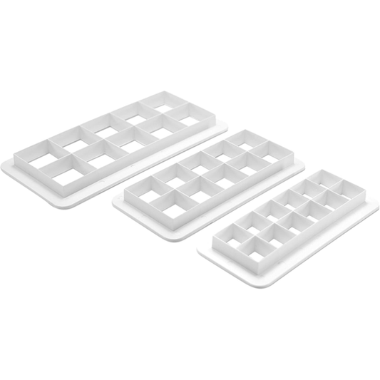 Ateco 3-piece square fondant cutter set, featuring three white plastic cutters with multiple square cutouts for uniform designs.