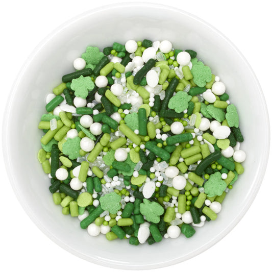 St. Patrick’s Day Fusion Sprinkle Mix featuring a festive blend of green, white, and gold sprinkles, quins, nonpareils, pearls, and sanding sugars, perfect for decorating cupcakes and desserts