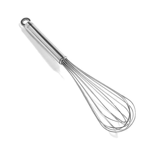 Norpro 10-inch stainless steel whisk with a solid-filled handle, designed for professional and home bakers.