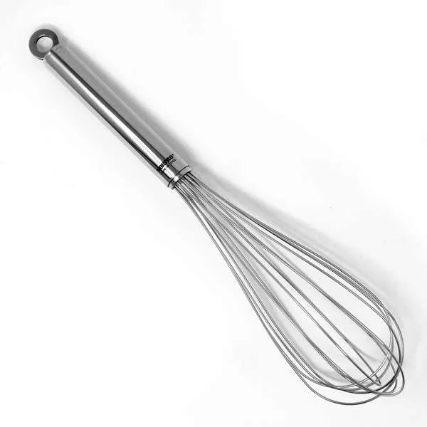 Norpro 13-inch stainless steel whisk with a solid-filled handle, designed for professional and home bakers.