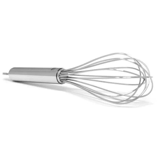 Norpro 9-inch stainless steel whisk with a solid-filled handle, designed for professional and home bakers.