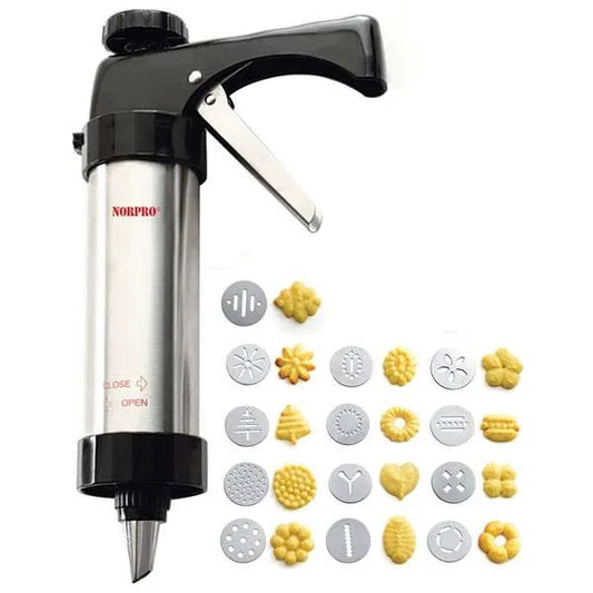 Cookie press with trigger handle shown alongside 13 shaped discs and sample cookies.