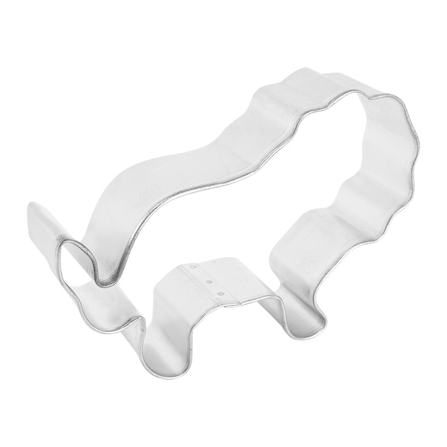 Side-angle view of a lion cookie cutter, showcasing its sturdy metal design with wavy edges for the mane and smooth curves for the body.