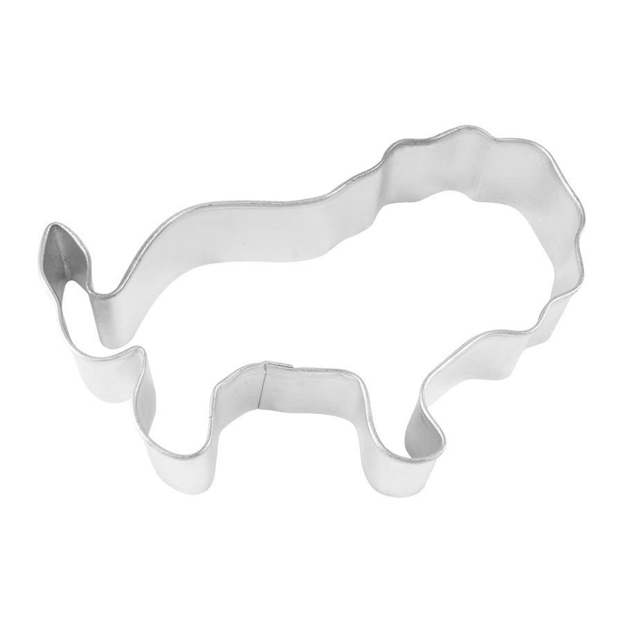 Top-down view of a lion-shaped metal cookie cutter with a detailed mane, standing pose, and curved tail, set against a white background.
