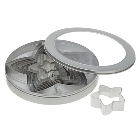 Ateco 7808 10-piece stainless steel star cutter set with nested cutters in a round storage tin with a windowed lid.