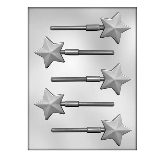 A chocolate sucker mold designed with five star-shaped cavities, each featuring a multi-faceted surface to create a sparkling effect. The stars are attached to sturdy cylindrical stems for easy handling.