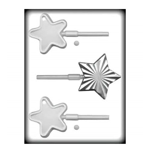 Image of a white plastic hard candy mold featuring two sizes of star-shaped cavities, designed for creating lollipop-style candies. The top and bottom cavities are smaller, approximately 3 inches wide, with a simple five-point star design. The middle cavity is larger, around 4 inches wide, with an intricate pattern radiating from the center, giving it a dynamic, three-dimensional appearance. Each star shape comes with a long stick attached.