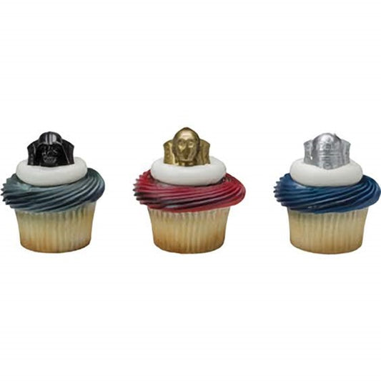 Star Wars-themed cupcake toppers with Darth Vader, C-3PO, and R2-D2, perfect for sci-fi fans and themed birthday parties. Explore galactic baking supplies at Lynn's Cake, Candy, and Chocolate Supplies.
