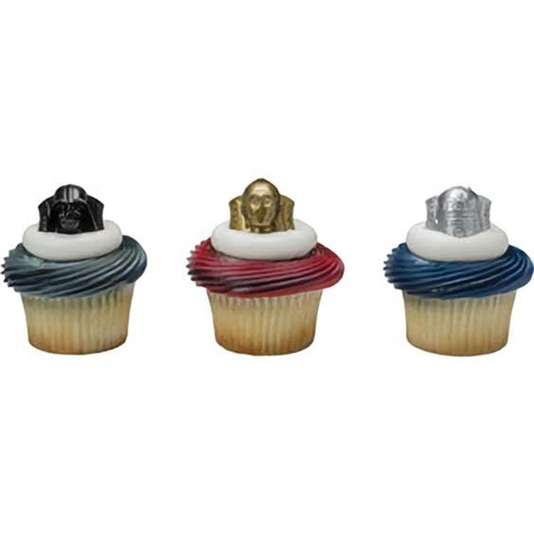 Star Wars-themed cupcake toppers with Darth Vader, C-3PO, and R2-D2, perfect for sci-fi fans and themed birthday parties. Explore galactic baking supplies at Lynn's Cake, Candy, and Chocolate Supplies.