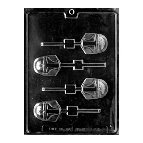 This is an image of a chocolate lollipop mold featuring four helmet designs reminiscent of a popular space-faring bounty hunter character from a well-known science fiction franchise. Each mold cavity includes intricate detailing that captures the visor, vertical crest, and overall outline of the helmet, along with a stick insertion point for lollipop creation. These molds are perfect for themed parties or for fans of intergalactic adventure stories.