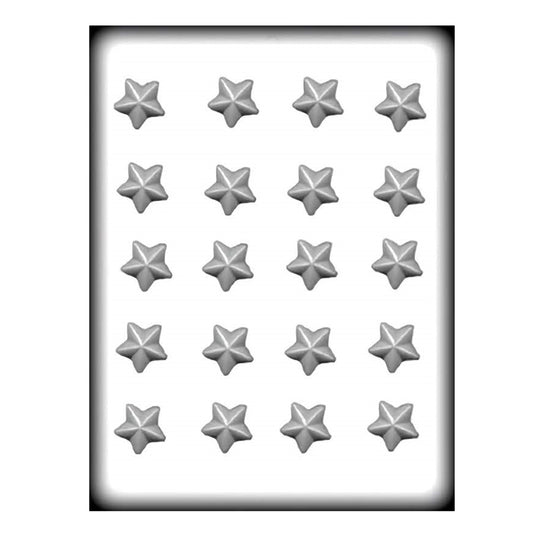 A hard candy mold with star shapes. There are 20 five pointed star shapes per mold. 