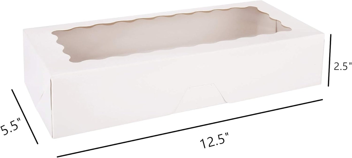 A white rectangular bakery box with a clear window on top, measuring 12.5 inches in length, 5.5 inches in width, and 2.5 inches in height.