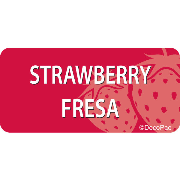 Strawberry Fresa cake label with vibrant design and bilingual text. Showcase berry desserts in your bakery with clear, colorful signage.