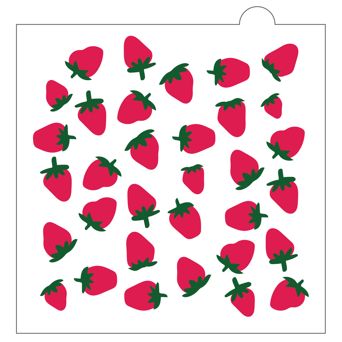 Strawberry two-part cookie stencil shown on a white background, featuring a repeating pattern of red strawberries with green leafy tops for decorating sugar cookies