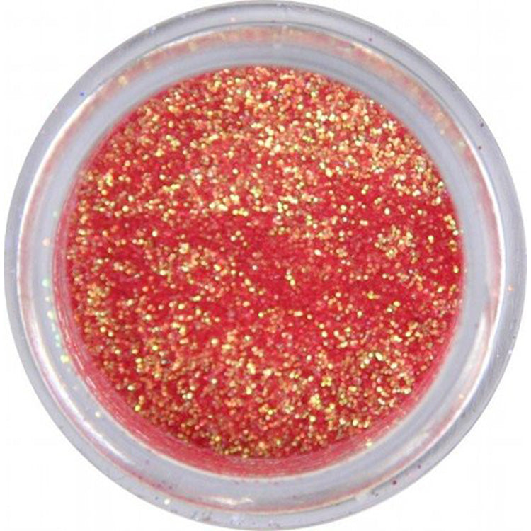 Small jar of strawberry pink glitter dust with gold sparkle, shown from above.