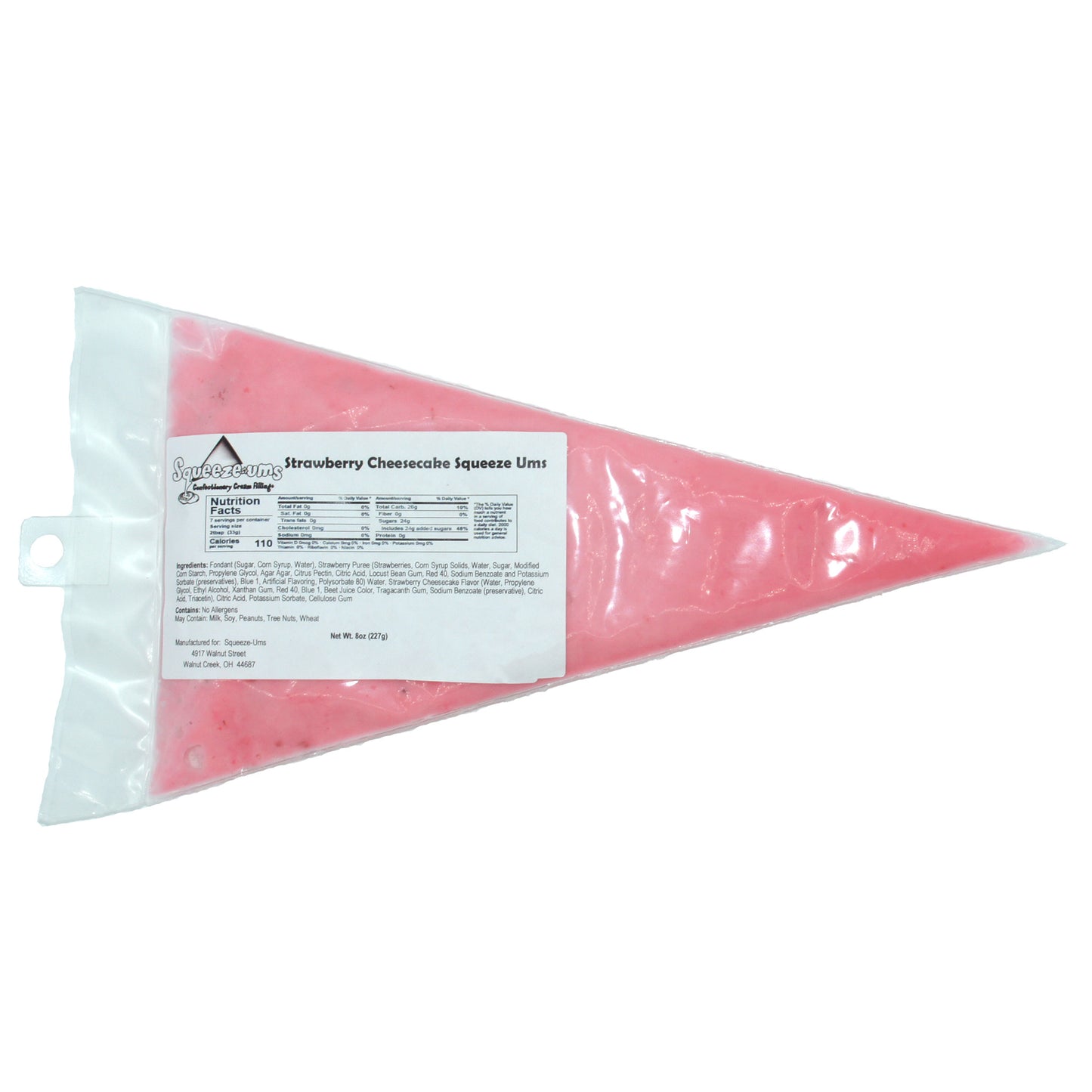Strawberry Cheesecake Truffle Filling Squeeze-Ums in an 8 oz bag, strawberry cheesecake-flavored soft candy center for truffles and chocolates.
