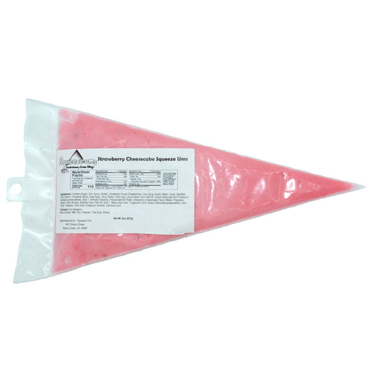 Strawberry Cheesecake Truffle Filling Squeeze-Ums in an 8 oz bag, strawberry cheesecake-flavored soft candy center for truffles and chocolates.