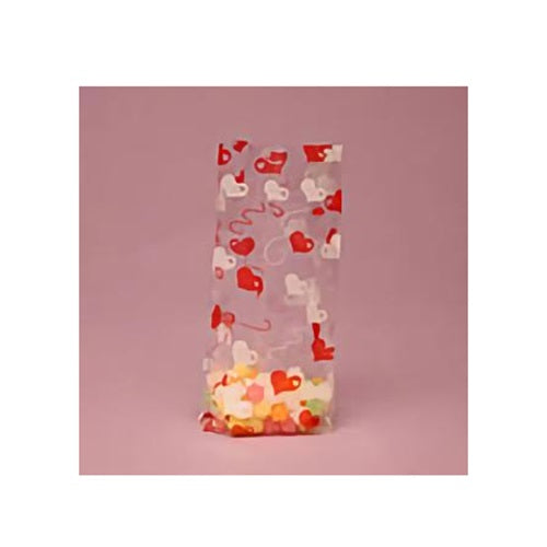 A Cello candy bag decorated with a pattern of string and hearts on it