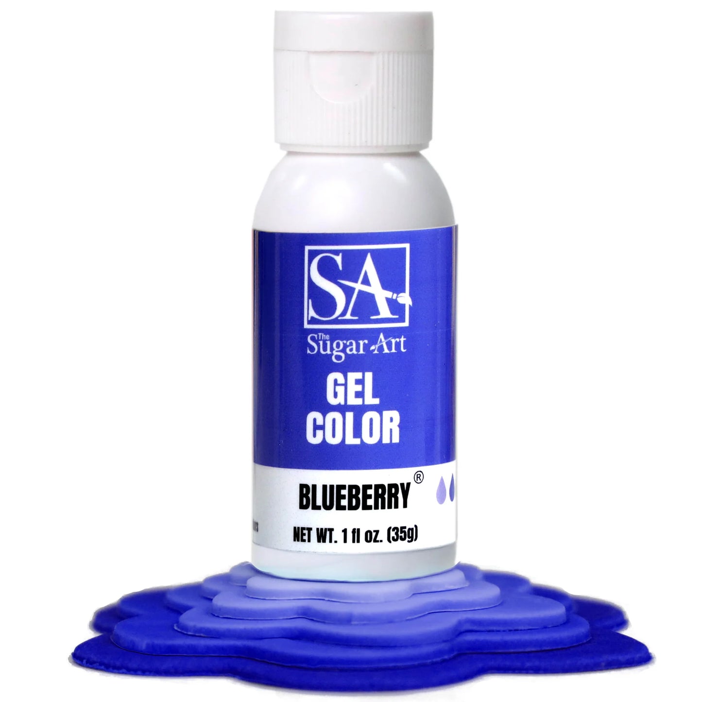 A bottle of Sugar Art Intense Gel Food Coloring in a vibrant shade, shown with the color swatch under each bottle.