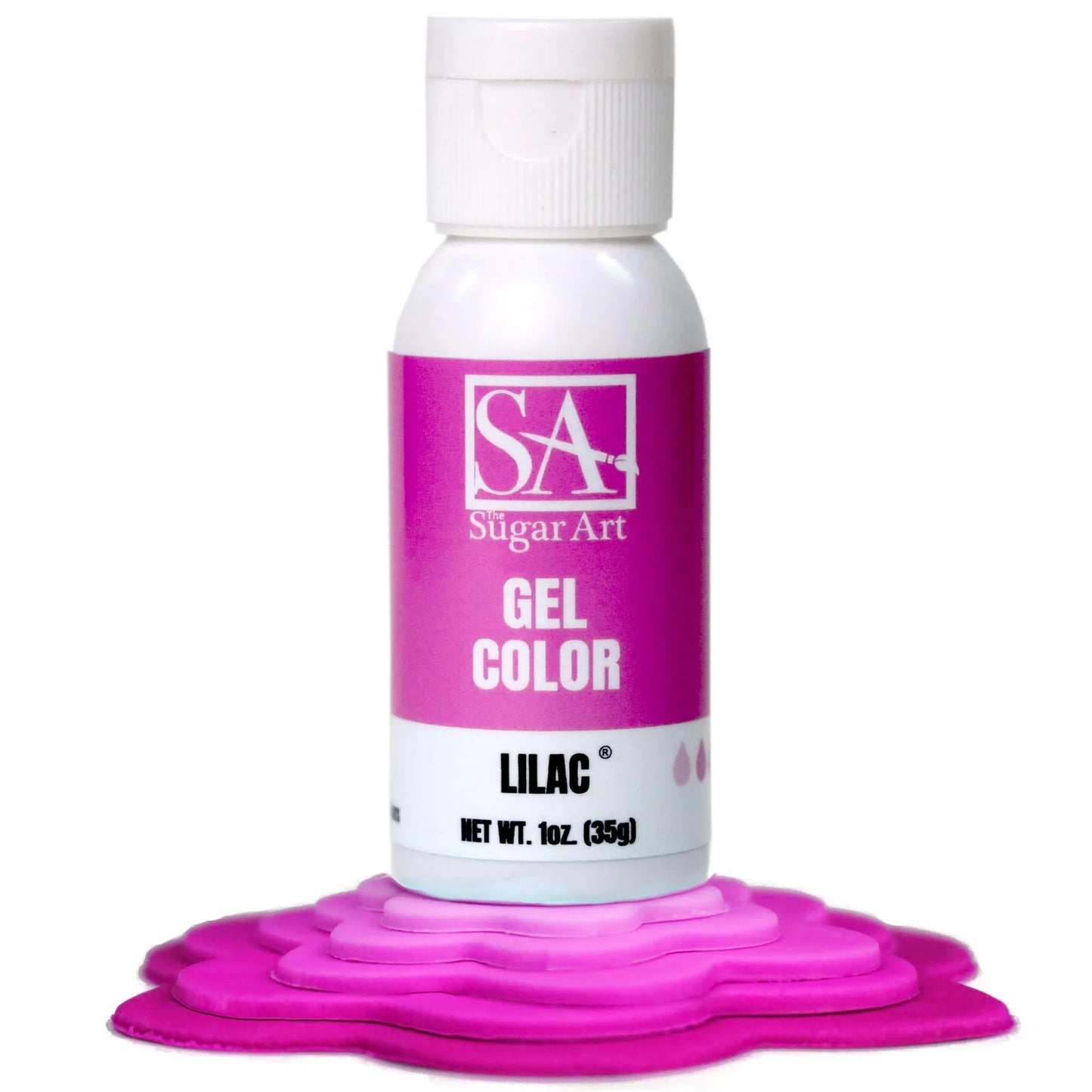 A bottle of Sugar Art Intense Gel Food Coloring in a vibrant shade, shown with the color swatch under each bottle.