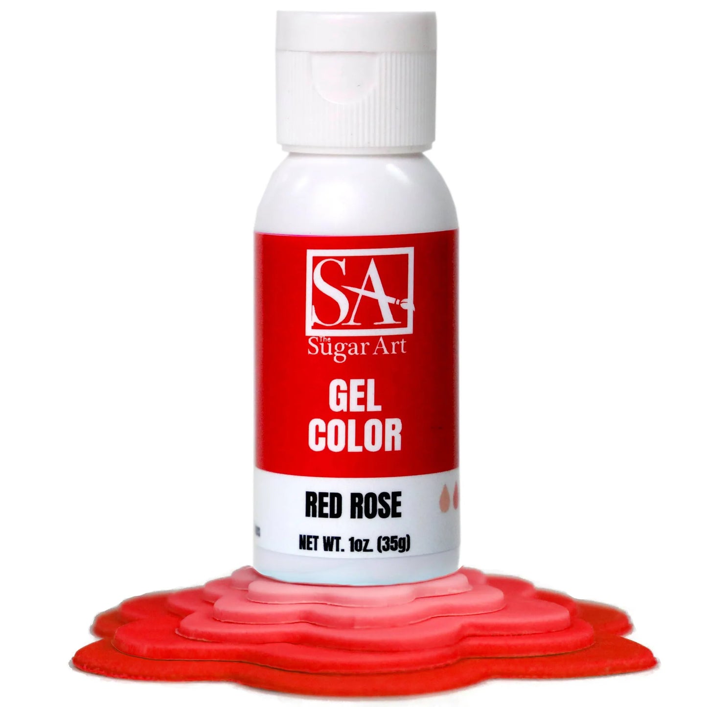 A bottle of Sugar Art Intense Gel Food Coloring in a vibrant shade, shown with the color swatch under each bottle.